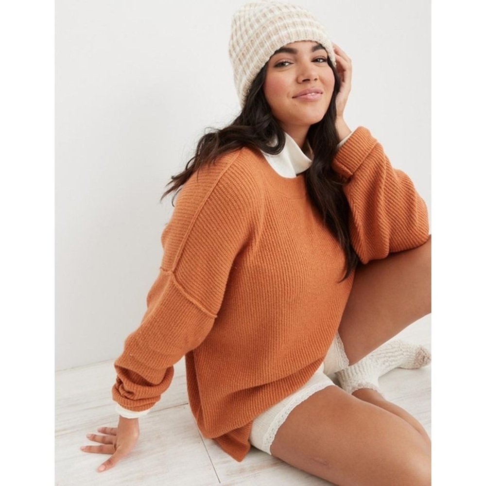 Aerie Cozyup Ribbed Oversized Exposed Seam Pullover Sweater Size S Rust